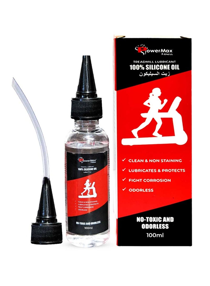 باورماكس فيتنيس زيت سيليكون متعدد الاستخدامات من باورماكس فيتنس Pms-100 (زجاجة 100 مل من زيت السيليكون) 100% زيت سيليكون لزلق حزام جهاز المشي، تزييت كامل عرض الحزام، بدون رائحة وبدون دافعات، غطاء فوهة لتطبيق سهل - Image 1