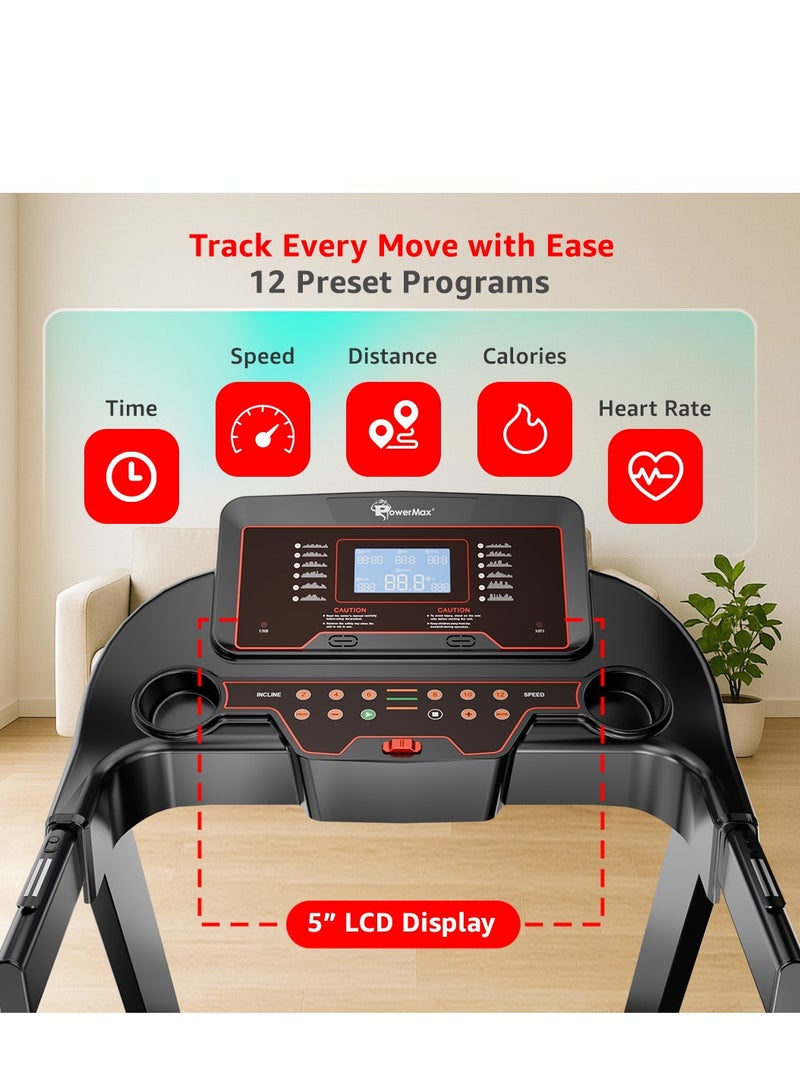 باورماكس فيتنيس تريدميل باورماكس فيتنس TAC-225 (2 حصان) كهربائي للاستخدام المنزلي [السرعة: 14 كم/ساعة، الحد الأقصى لوزن المستخدم: 120 كجم، قابل للطي، 12 برنامج تمرين، MP3] مساعدة مجانية في التركيب وعرض توضيحي - ضمان المحرك لمدة سنة واحدة - Image 4