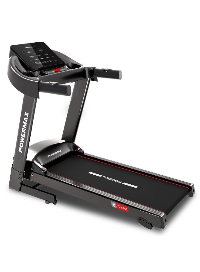 باورماكس فيتنيس جهاز المشي الكهربائي PowerMax Fitness TDM-96B بقوة 4HP للاستخدام المنزلي | ماكينة جري بحد أقصى 110KG | سرعة قصوى 14كم/ساعة، 4 مستويات ميل يدوي | بلوتوث للتطبيق، مكبر صوت، MP3 | جهاز كارديو قابل للطي، شاشة LED - Image 1