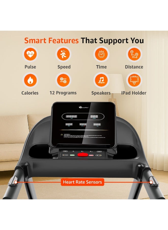باورماكس فيتنيس جهاز المشي الكهربائي PowerMax Fitness TDM-96B بقوة 4HP للاستخدام المنزلي | ماكينة جري بحد أقصى 110KG | سرعة قصوى 14كم/ساعة، 4 مستويات ميل يدوي | بلوتوث للتطبيق، مكبر صوت، MP3 | جهاز كارديو قابل للطي، شاشة LED - Image 2