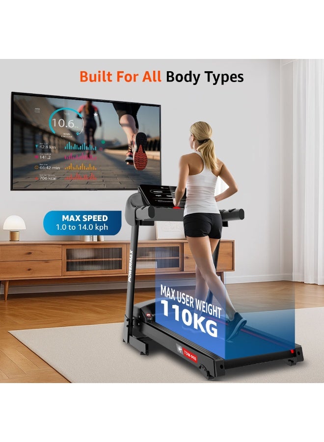 باورماكس فيتنيس جهاز المشي الكهربائي PowerMax Fitness TDM-96B بقوة 4HP للاستخدام المنزلي | ماكينة جري بحد أقصى 110KG | سرعة قصوى 14كم/ساعة، 4 مستويات ميل يدوي | بلوتوث للتطبيق، مكبر صوت، MP3 | جهاز كارديو قابل للطي، شاشة LED - Image 4