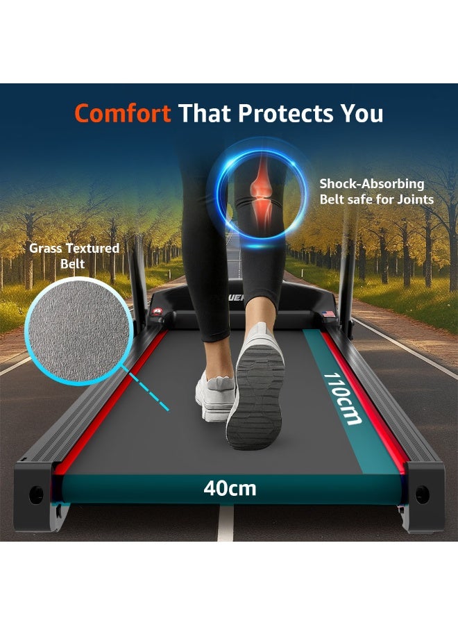 PowerMax Fitness TDM-96B 4HP DC Treadmill for Home | 110KG Max User Running Machine | 14km/hr Top Speed, 4-Level Manual Incline | Bluetooth for app, Speaker, Mp3 | Foldable Cardio Machine, LED Display image 6