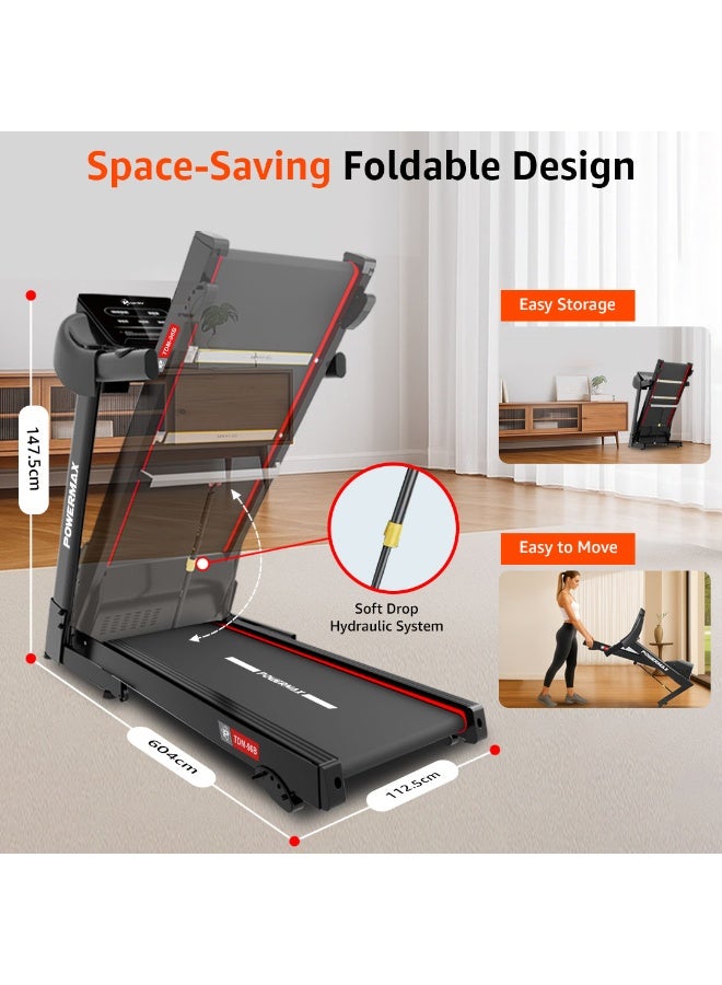 PowerMax Fitness TDM-96B 4HP DC Treadmill for Home | 110KG Max User Running Machine | 14km/hr Top Speed, 4-Level Manual Incline | Bluetooth for app, Speaker, Mp3 | Foldable Cardio Machine, LED Display image 7