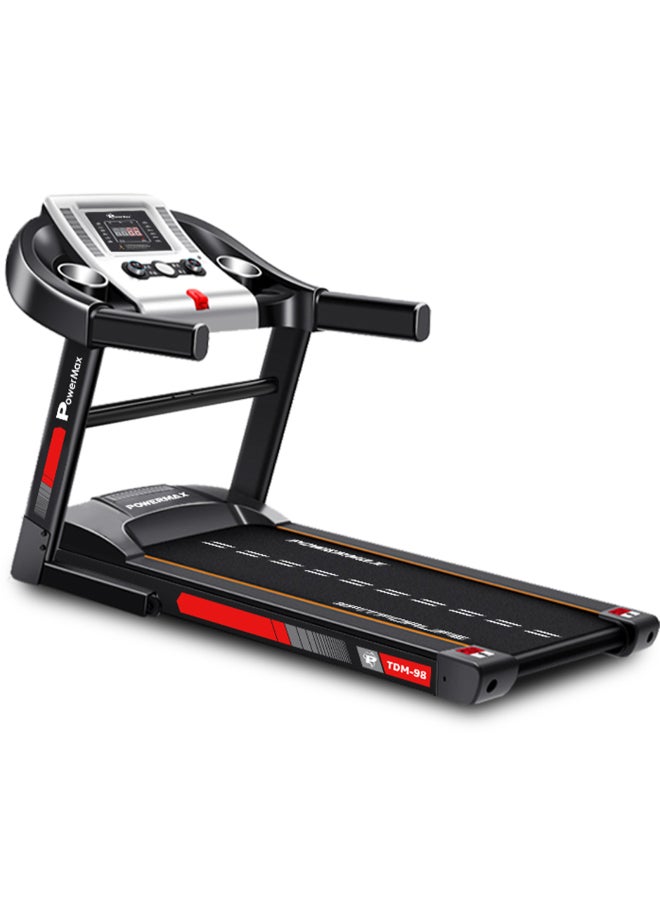 PowerMax Fitness TDM-98 4HP Foldable Motorized Manual Incline Treadmill for Home Use, 110kg Max User, Max Speed-10kmph, Preset programs, Heart Rate Sensors, AUX, Speaker, USB, LED Display,Black 143cm - Image 1