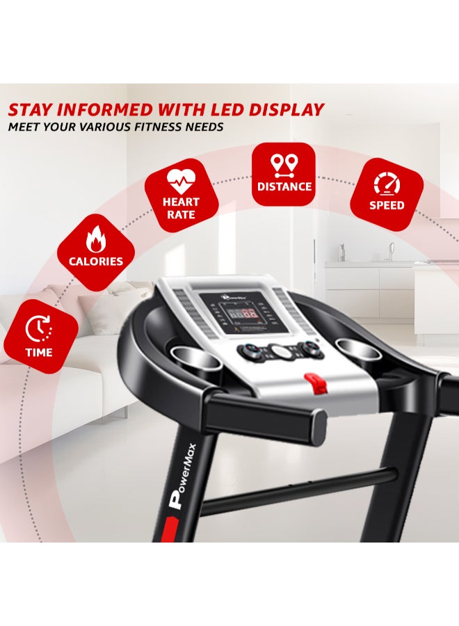 PowerMax Fitness TDM-98 4HP Foldable Motorized Manual Incline Treadmill for Home Use, 110kg Max User, Max Speed-10kmph, Preset programs, Heart Rate Sensors, AUX, Speaker, USB, LED Display,Black 143cm - Image 4