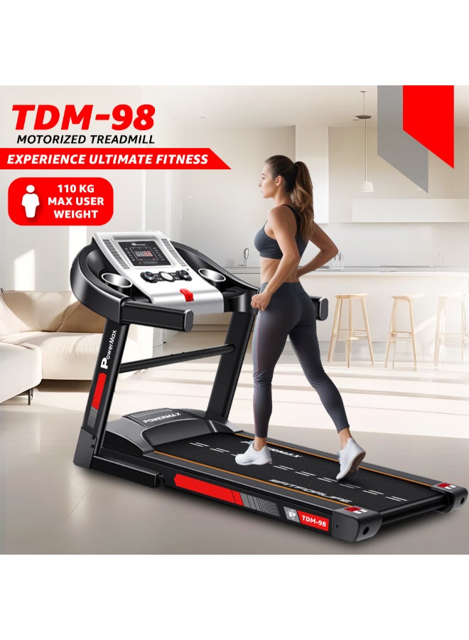 PowerMax Fitness TDM-98 4HP Foldable Motorized Manual Incline Treadmill for Home Use, 110kg Max User, Max Speed-10kmph, Preset programs, Heart Rate Sensors, AUX, Speaker, USB, LED Display,Black 143cm - Image 3