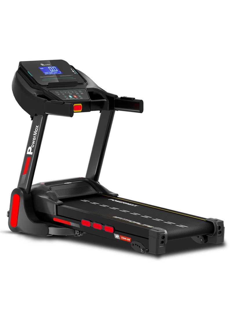 باورماكس فيتنيس TDM-98 4HP جهاز مشي قابل للطي مع ميل يدوي للاستخدام المنزلي، سعة وزن المستخدم القصوى 110 كجم، السرعة القصوى 10 كم/ساعة، برامج مسبقة، حساسات معدل ضربات القلب، AUX، مكبر صوت، USB، شاشة LED، أسود - Image 1