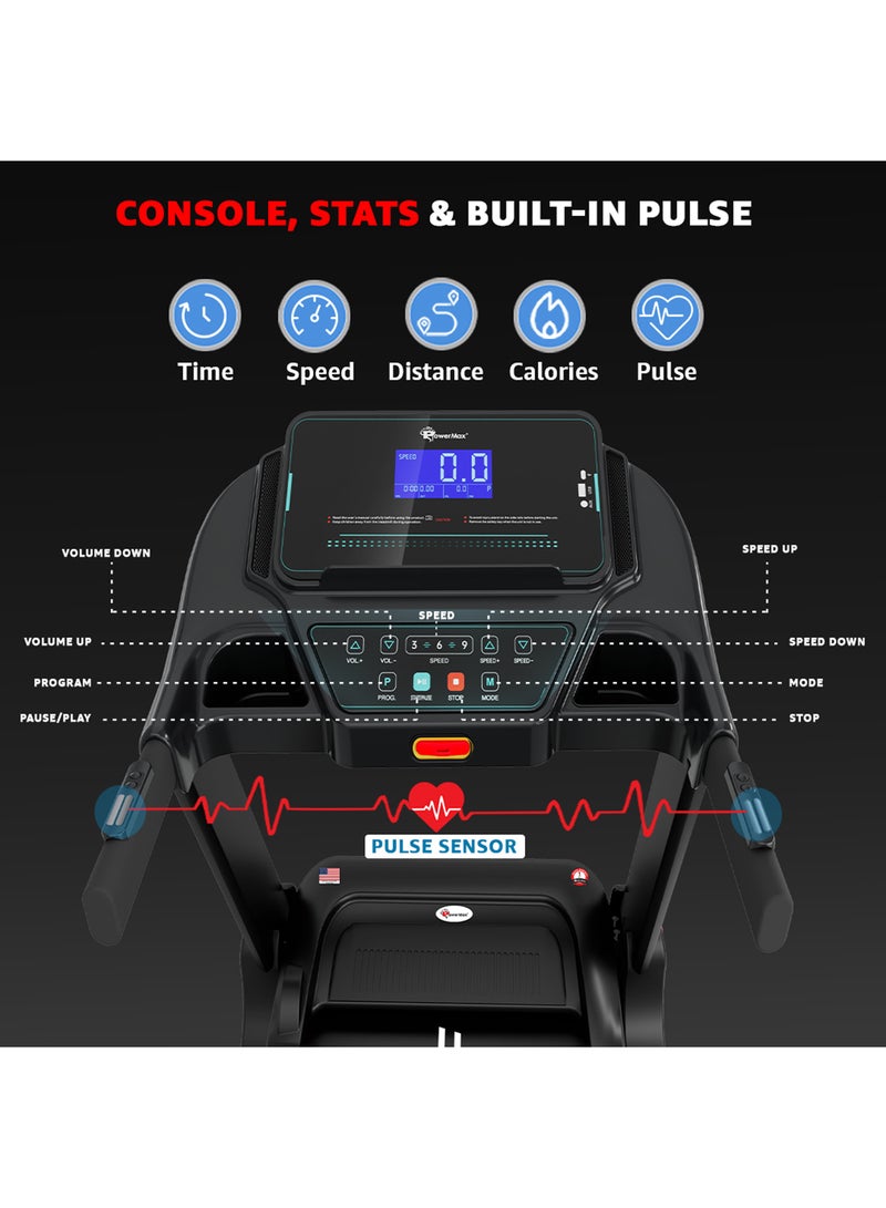 باورماكس فيتنيس TDM-98 4HP جهاز مشي قابل للطي مع ميل يدوي للاستخدام المنزلي، سعة وزن المستخدم القصوى 110 كجم، السرعة القصوى 10 كم/ساعة، برامج مسبقة، حساسات معدل ضربات القلب، AUX، مكبر صوت، USB، شاشة LED، أسود - Image 3