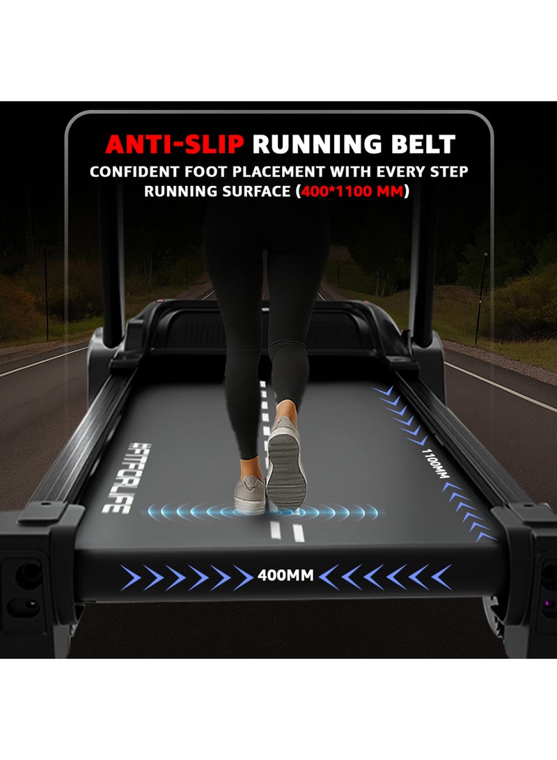 TDM-98 4HP Foldable Motorized Manual Incline Treadmill for Home Use, 110kg Max User, Max Speed-10kmph, Preset programs, Heart Rate Sensors, AUX, Speaker, USB, LED Display,Black 143cm image 6