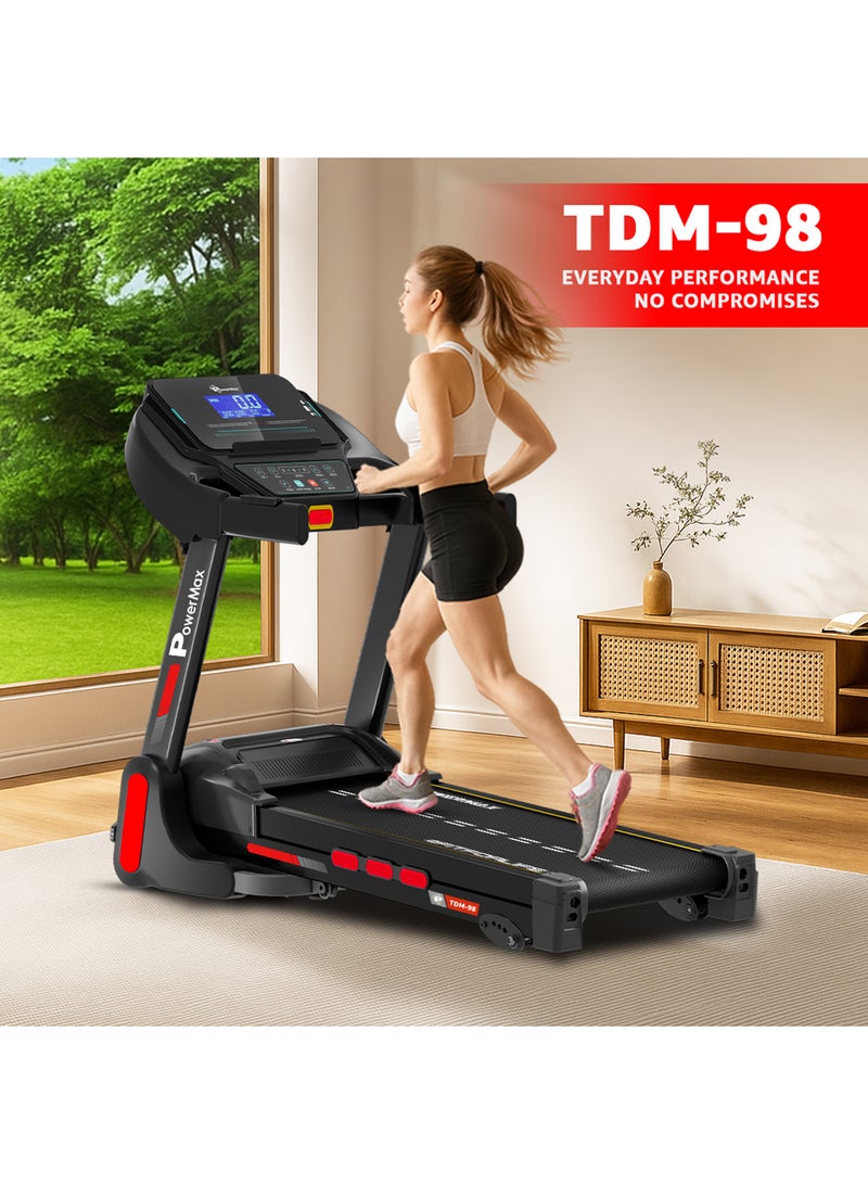 باورماكس فيتنيس TDM-98 4HP جهاز مشي قابل للطي مع ميل يدوي للاستخدام المنزلي، سعة وزن المستخدم القصوى 110 كجم، السرعة القصوى 10 كم/ساعة، برامج مسبقة، حساسات معدل ضربات القلب، AUX، مكبر صوت، USB، شاشة LED، أسود - Image 2