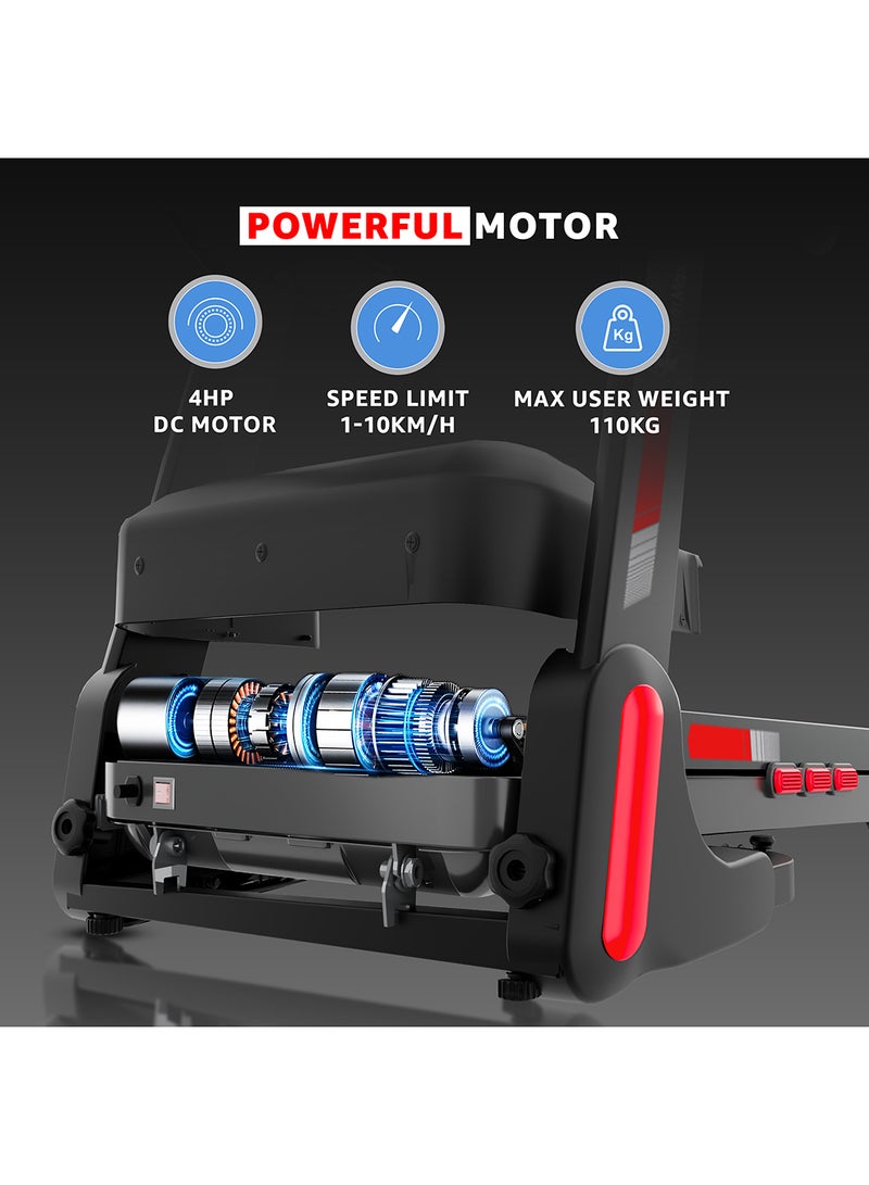 باورماكس فيتنيس TDM-98 4HP جهاز مشي قابل للطي مع ميل يدوي للاستخدام المنزلي، سعة وزن المستخدم القصوى 110 كجم، السرعة القصوى 10 كم/ساعة، برامج مسبقة، حساسات معدل ضربات القلب، AUX، مكبر صوت، USB، شاشة LED، أسود - Image 4