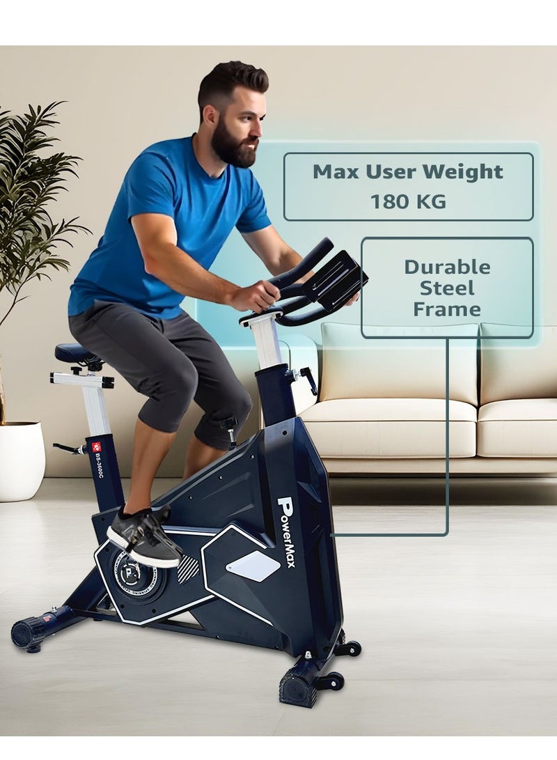 PowerMax Fitness BS-3600C Commercial Spin Exercise Bike, 24 Kg fly wheel, Max user 180kg, Belt drive, Manual braking, 2pc Crank, Adjustable pedal and seat, Leather Cushion seat, Stride Length 400mm - Image 4