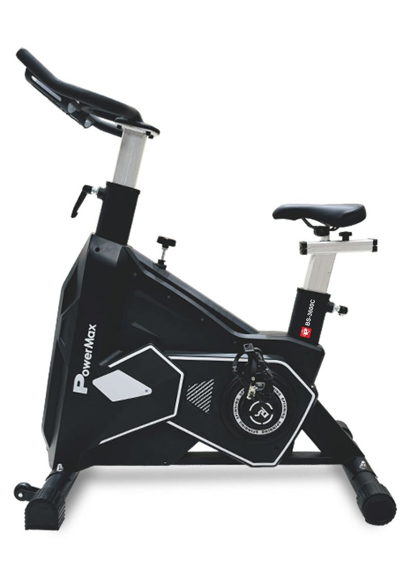 PowerMax Fitness BS-3600C Commercial Spin Exercise Bike, 24 Kg fly wheel, Max user 180kg, Belt drive, Manual braking, 2pc Crank, Adjustable pedal and seat, Leather Cushion seat, Stride Length 400mm - Image 1