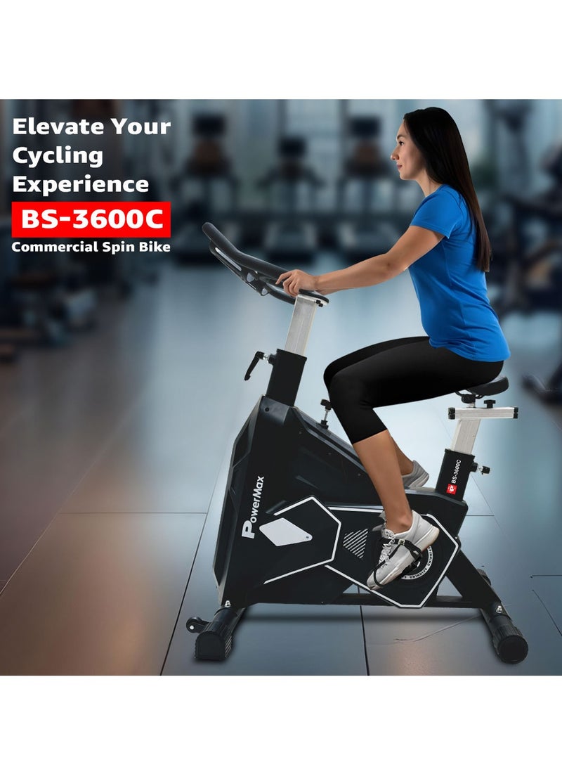 PowerMax Fitness BS-3600C Commercial Spin Exercise Bike, 24 Kg fly wheel, Max user 180kg, Belt drive, Manual braking, 2pc Crank, Adjustable pedal and seat, Leather Cushion seat, Stride Length 400mm - Image 2