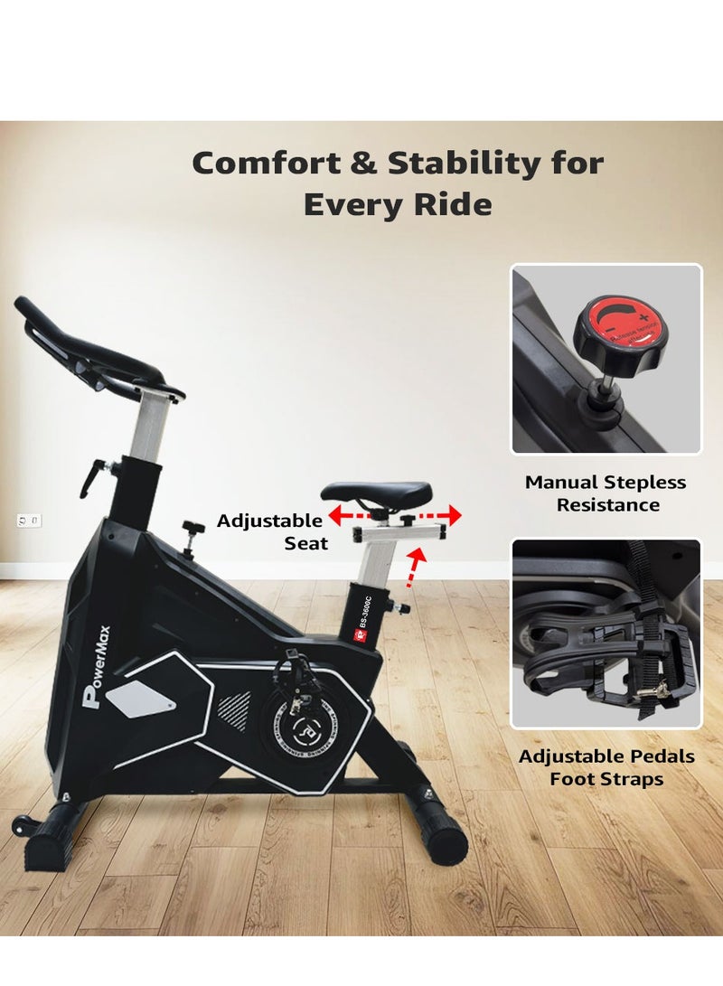 PowerMax Fitness BS-3600C Commercial Spin Exercise Bike, 24 Kg fly wheel, Max user 180kg, Belt drive, Manual braking, 2pc Crank, Adjustable pedal and seat, Leather Cushion seat, Stride Length 400mm - Image 5