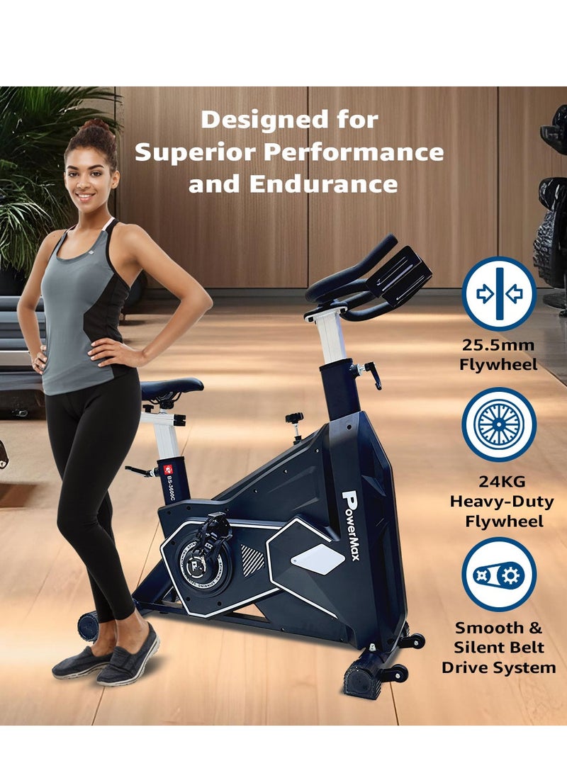 PowerMax Fitness BS-3600C Commercial Spin Exercise Bike, 24 Kg fly wheel, Max user 180kg, Belt drive, Manual braking, 2pc Crank, Adjustable pedal and seat, Leather Cushion seat, Stride Length 400mm - Image 3