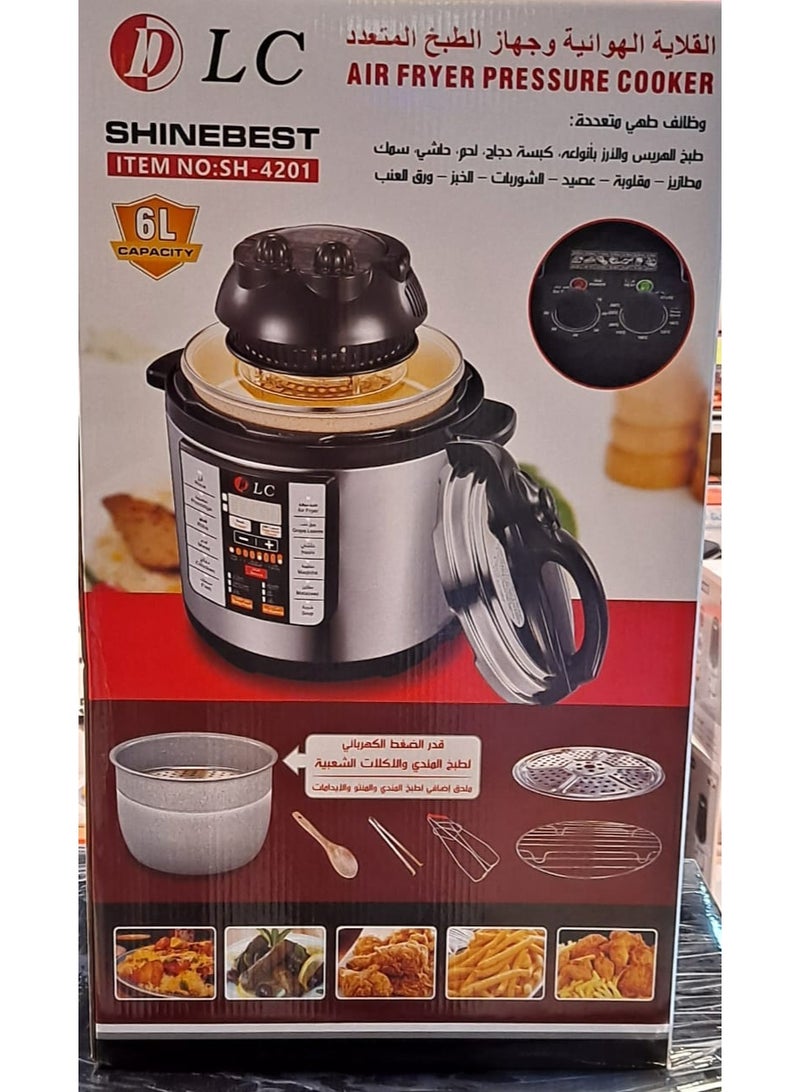 دي إل سي  قلاية هوائية وضغط كهربائية 2 في 1 سعة 6 لتر – قلاية هوائية 1000 واط + طباخ ضغط 800 واط | تحكم لمسي رقمي، شاشة LED، وعاء من الفولاذ المقاوم للصدأ، غطاء مزدوج | طهي صحي وسريع متعدد الوظائف