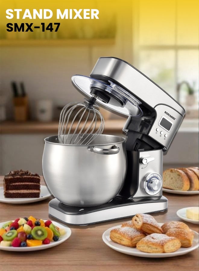 SONASHI 12L Stand Mixer – 6-Speed with Pulse & LED Display | Stainless Steel Bowl, Splash Guard | Whisk, Dough Hook & Beater | 2000W Powerful Copper Motor | SMX-147 12 L 2000 W SMX-147 silver - Image 1