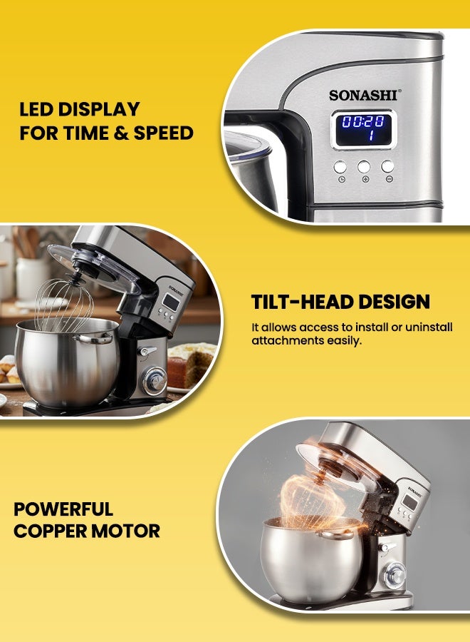 SONASHI 12L Stand Mixer – 6-Speed with Pulse & LED Display | Stainless Steel Bowl, Splash Guard | Whisk, Dough Hook & Beater | 2000W Powerful Copper Motor | SMX-147 12 L 2000 W SMX-147 silver - Image 5