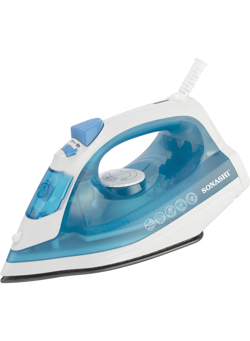 سوناشي مكواة بخارية مع قاعدة مغطاة بالسيراميك، خزان ماء سعة 220 مل، انفجار بخار قوي، ترموستات قابلة للتعديل مع ميزة الرش، وظيفة التنظيف الذاتي، لجميع أنواع الأقمشة، SI-5077N أزرق 2000 واط - Image 1