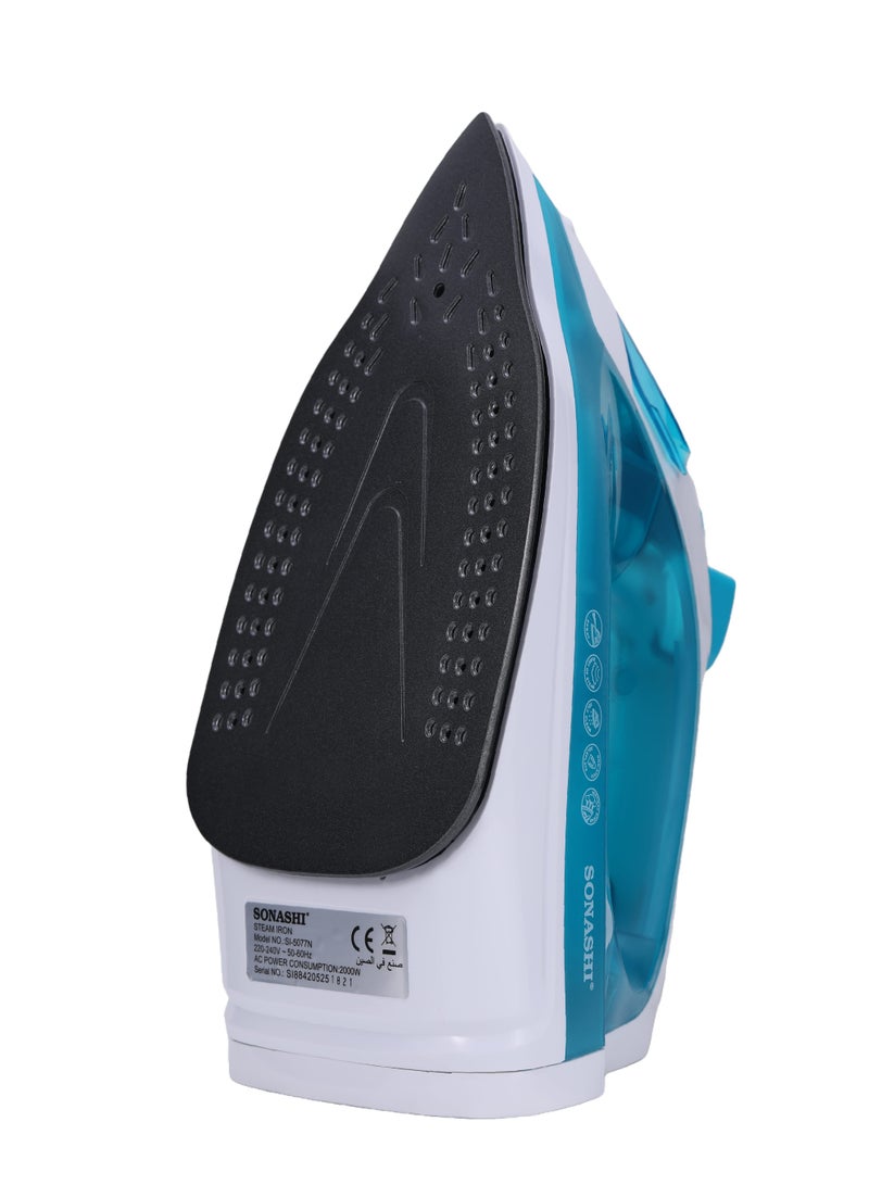 سوناشي مكواة بخارية مع قاعدة مغطاة بالسيراميك، خزان ماء سعة 220 مل، انفجار بخار قوي، ترموستات قابلة للتعديل مع ميزة الرش، وظيفة التنظيف الذاتي، لجميع أنواع الأقمشة، SI-5077N أزرق 2000 واط - Image 3