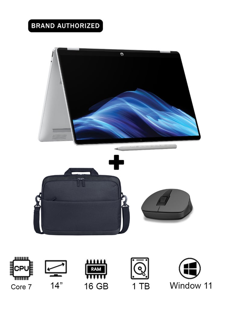 HP OmniBook 5 Flip 14-fp0019ne Laptop With 14-Inch 2K Display, Core 7 150U Processor/16GB RAM/1TB SSD/Intel Iris XE Graphics/Windows 11 With Backpack And Mouse Glacier Silver - Image 1