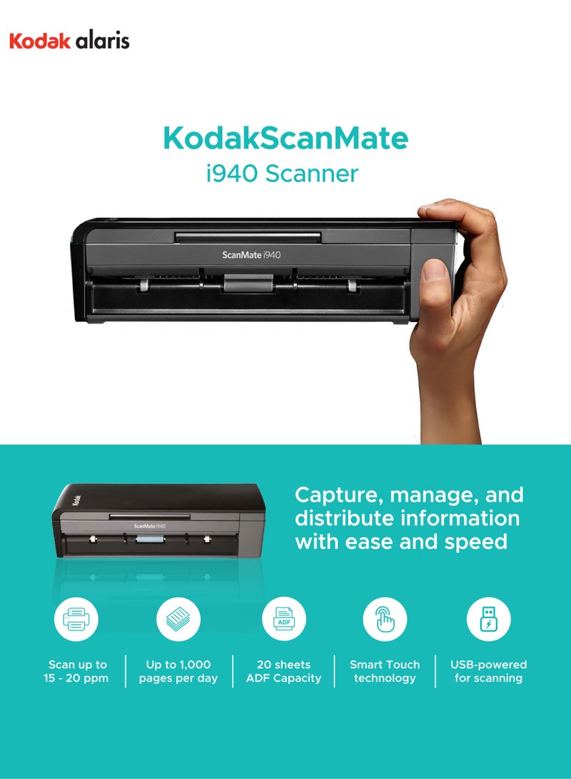 Kodak ScanMate i940 A4 Colour Document Scanner USB Powered Compact Portable Sheetfed Scanner with 20-Sheet Automatic Document Feeder for Paper and Photo, High-Speed Document Scanning for Home Office, Lightweight Space-Saving Design with Easy Remote Management, Reliable USB Connectivity, Professional Quality Output for Contracts Receipts and Photos, Travel-Friendly Business Scanner with Kodak Durability and Performance i940 - Image 2