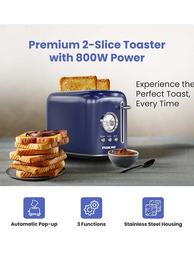 Nikai 2-Slice Stainless Steel Bread Toaster - 800W | Automatic Pop-Up, Defrost, Reheat, Cancel with indicator light, Adjustable Browning Dial, Crumb Tray & Cord Storage - NBT001PS 2 Years Warranty 800 W NBT001PS blue - Image 2