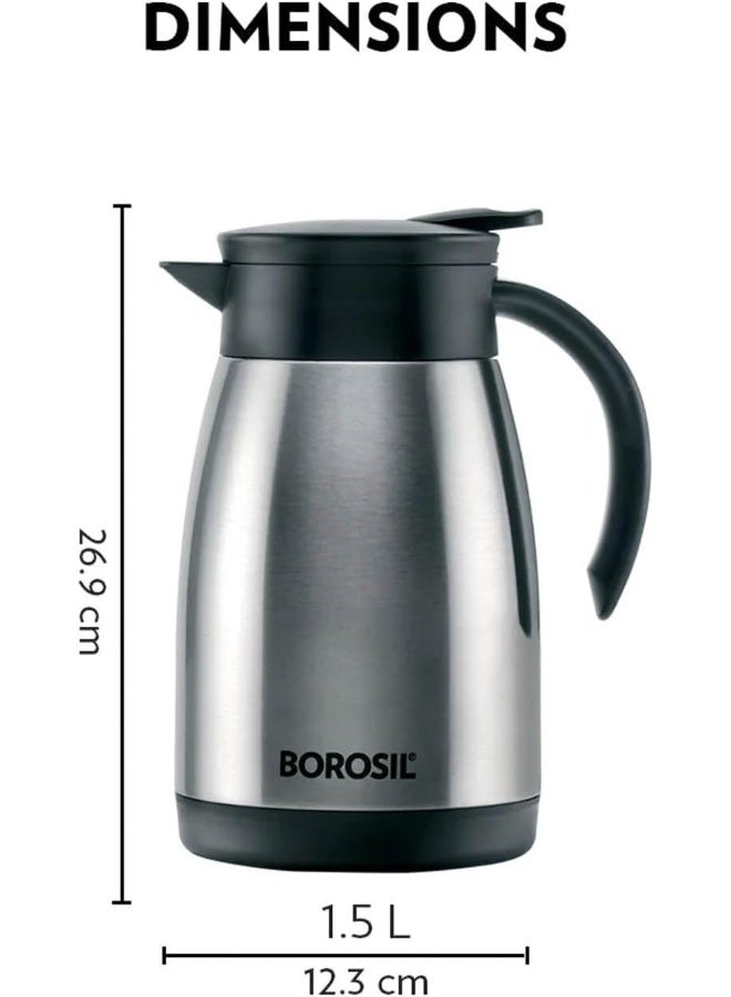 بوروسيل Borosil Vacuum Insulated Stainless Steel Teapot | Tea Pot | Thermal Flask | Thermos | Carafe | Jug | Coffee Pot | For Water, Coffee, Tea | 1.5 Liter SILVER - Image 2