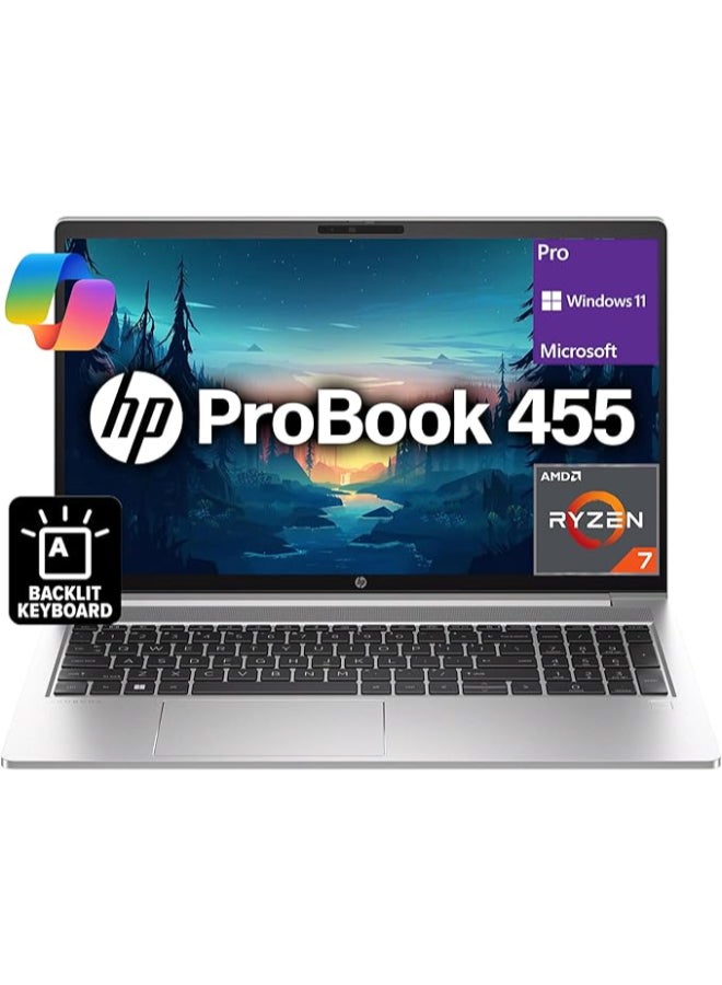 HP (Upgraded Version) ProBook 455 G10 (2024) Laptop With 15.6" FHD Display, AMD Ryzen 7 7730U Processor/16GB RAM/1TB SSD/AMD Graphics/Windows 11 Pro  Pike English Pike Silver - Image 1