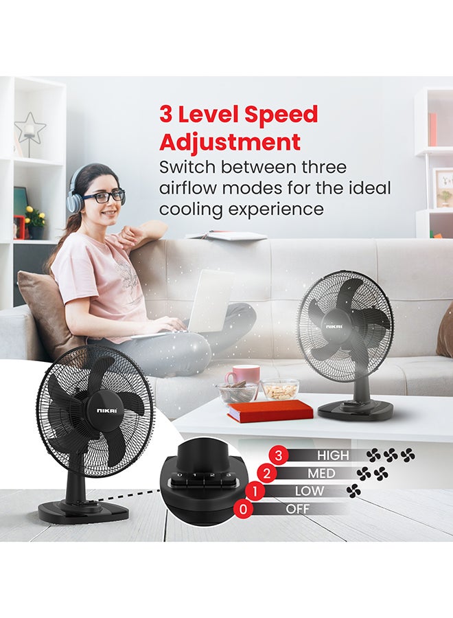 NIKAI 12" Inch Desk Fan | 3 Speed and Push Button Controls, Automatic Oscillation | Adjustable Head Tilt and Powerful Airflow Perfect Uses for Home & Indoor Outdoor - 2 Years Warranty NTF1206RC black - Image 3