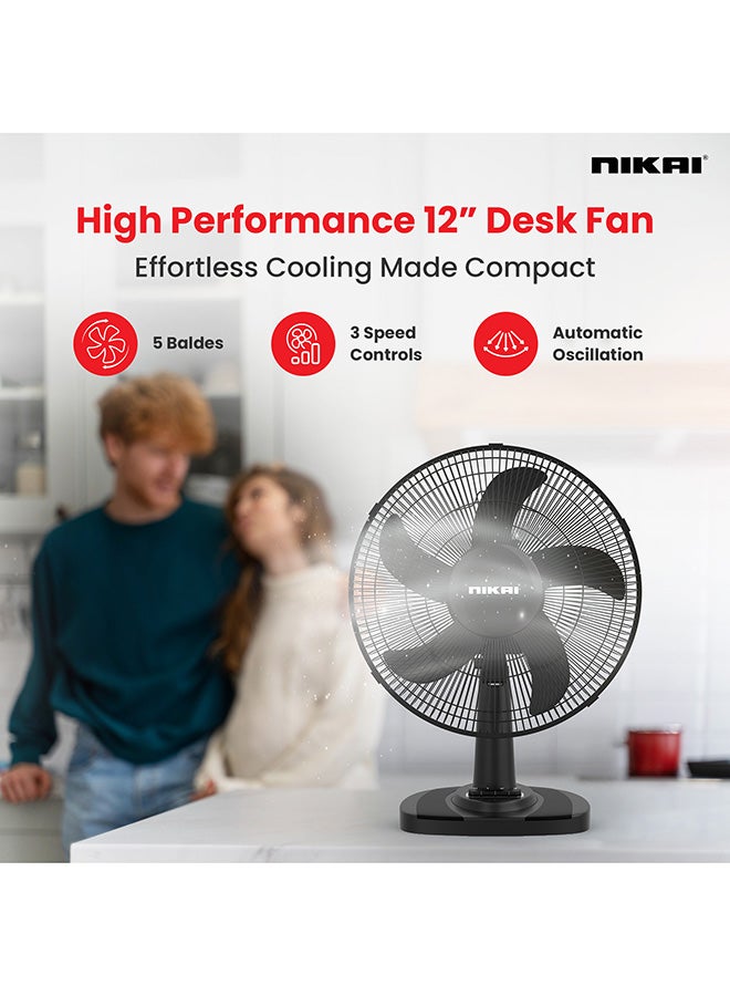 NIKAI 12" Inch Desk Fan | 3 Speed and Push Button Controls, Automatic Oscillation | Adjustable Head Tilt and Powerful Airflow Perfect Uses for Home & Indoor Outdoor - 2 Years Warranty NTF1206RC black - Image 2
