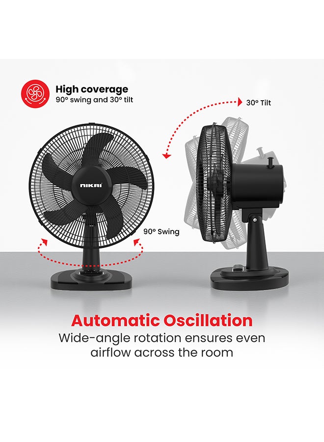 NIKAI 12" Inch Desk Fan | 3 Speed and Push Button Controls, Automatic Oscillation | Adjustable Head Tilt and Powerful Airflow Perfect Uses for Home & Indoor Outdoor - 2 Years Warranty NTF1206RC black - Image 5