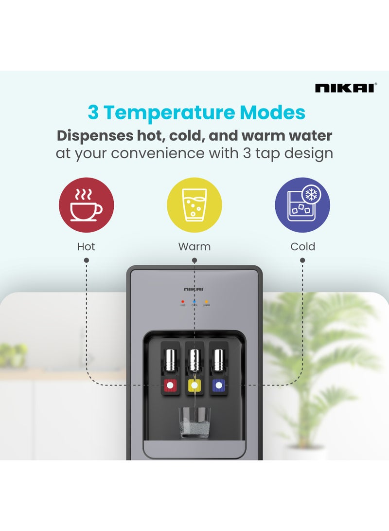 نيكاي موزع مياه مع تخزين ثلاجة سعة 16 لتر | مياه ساخنة وباردة وعادية | تبريد بالكمبريسور | تصميم 3 صنبور، خزان من الفولاذ المقاوم للصدأ مضاد للبكتيريا منخفض الضجيج | ضمان لمدة سنة - Image 3