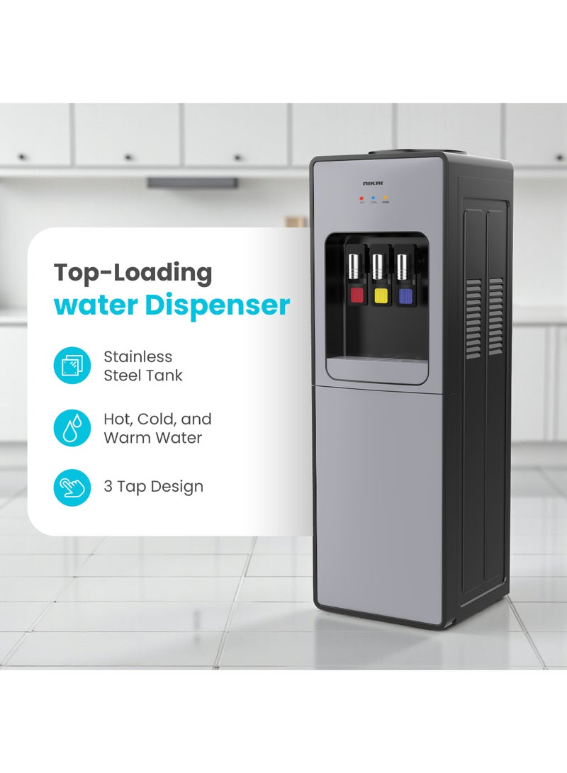 نيكاي موزع مياه مع تخزين ثلاجة سعة 16 لتر | مياه ساخنة وباردة وعادية | تبريد بالكمبريسور | تصميم 3 صنبور، خزان من الفولاذ المقاوم للصدأ مضاد للبكتيريا منخفض الضجيج | ضمان لمدة سنة - Image 2