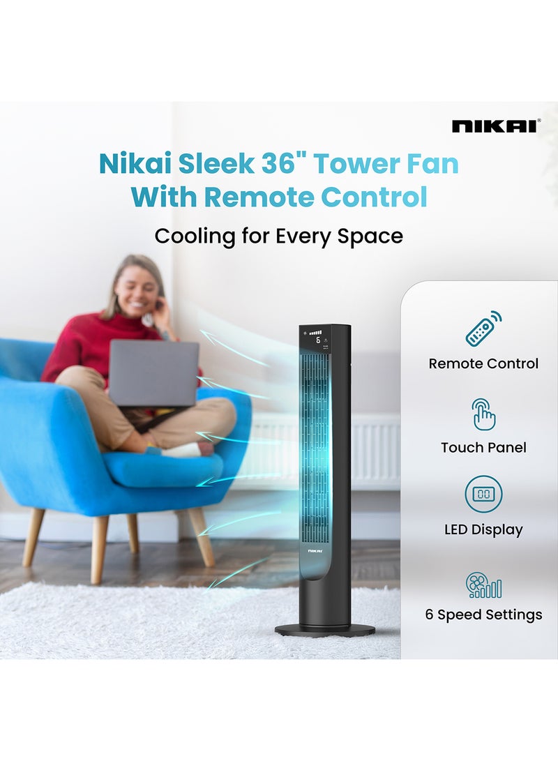 نيكاي مروحة برج نيكاي 36 بوصة مع محرك نحاسي، مروحة متأرجحة، 6 سرعات، لوحة لمس وتحكم عن بعد، شاشة LCD، مؤقت 12 ساعة، أوضاع طبيعية/نوم | تبريد هادئ للمنزل والمكتب | ضمان 2 سنوات - Image 3