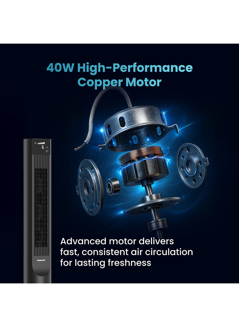 نيكاي مروحة برج نيكاي 36 بوصة مع محرك نحاسي، مروحة متأرجحة، 6 سرعات، لوحة لمس وتحكم عن بعد، شاشة LCD، مؤقت 12 ساعة، أوضاع طبيعية/نوم | تبريد هادئ للمنزل والمكتب | ضمان 2 سنوات - Image 5