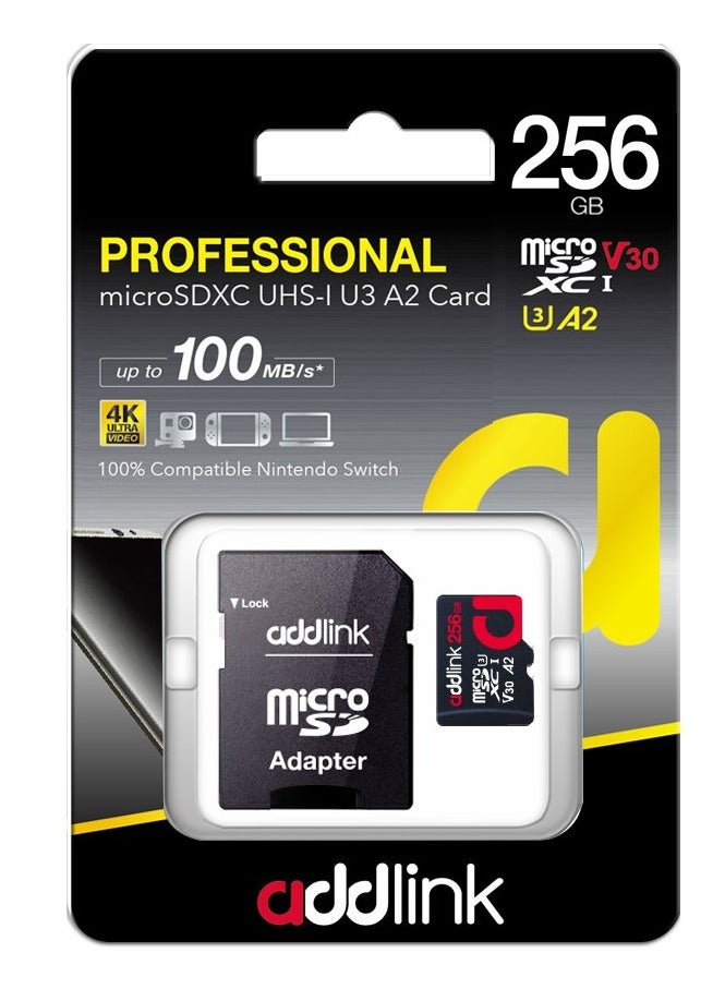 addlink Superior Gaming MicroSDXC 256GB Memory Card with Adapter UHS-I, C10, U3, V30, A2, 4K Video, Up to 100MB/s, for Nintendo-Switch, Steam Deck, ROG Ally, Smartphones, Tablets 256 GB - Image 1