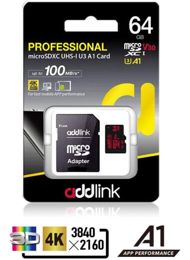 آدد لينك بطاقة ذاكرة MicroSDXC 64GB للألعاب الفائقة مع محول UHS-I، C10، U3، V30، A1، فيديو 4K، تصل إلى 100MB/s، لجهاز نينتندو سويتش، ستيم ديك، ROG ألي، الهواتف الذكية، والأجهزة اللوحية - Image 1