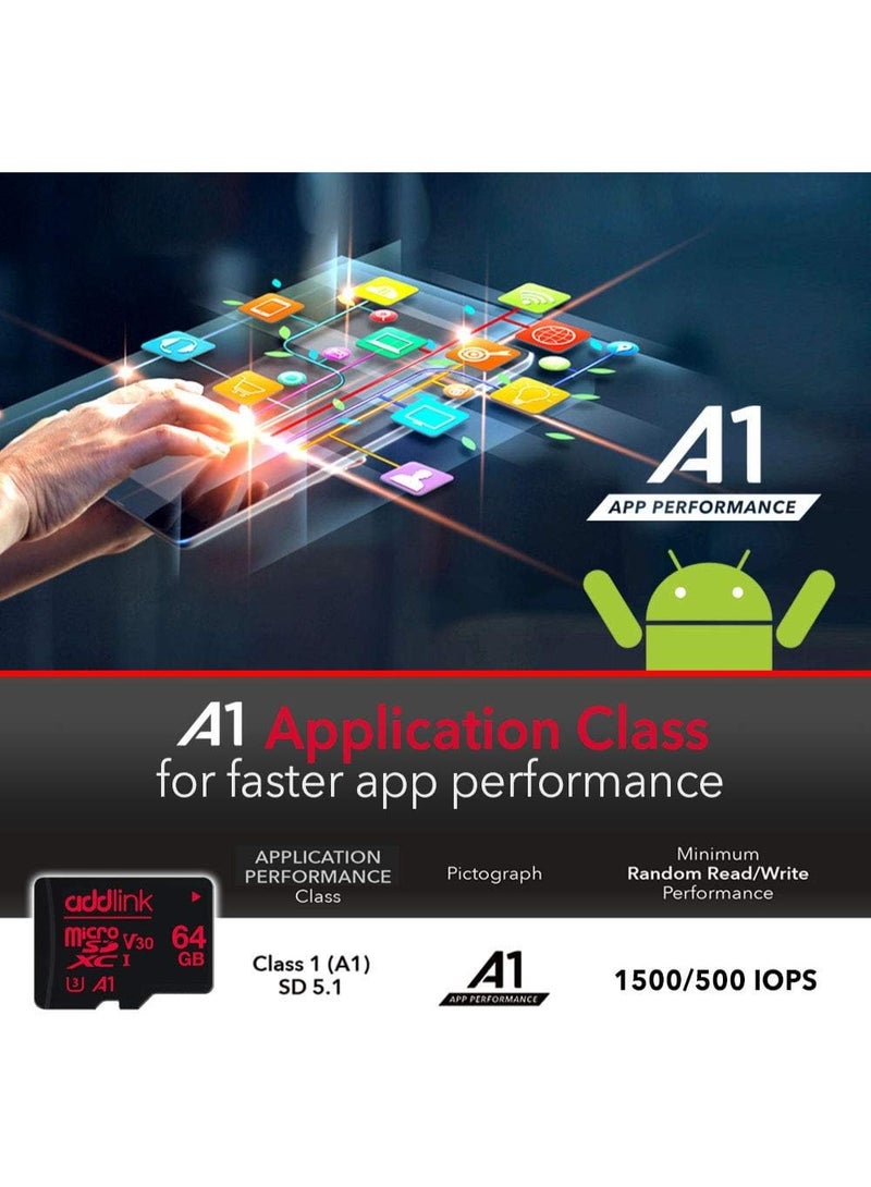 آدد لينك بطاقة ذاكرة MicroSDXC 64GB للألعاب الفائقة مع محول UHS-I، C10، U3، V30، A1، فيديو 4K، تصل إلى 100MB/s، لجهاز نينتندو سويتش، ستيم ديك، ROG ألي، الهواتف الذكية، والأجهزة اللوحية - Image 5