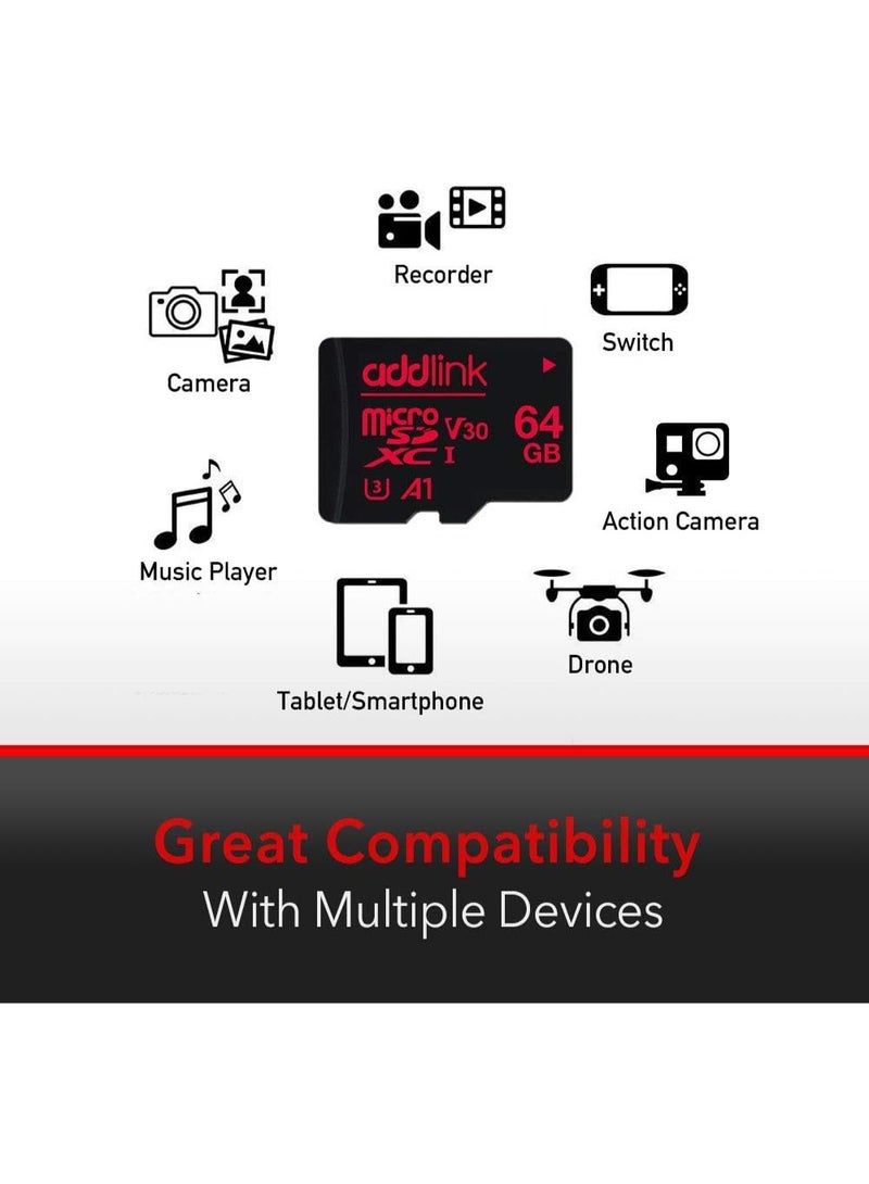 آدد لينك بطاقة ذاكرة MicroSDXC 64GB للألعاب الفائقة مع محول UHS-I، C10، U3، V30، A1، فيديو 4K، تصل إلى 100MB/s، لجهاز نينتندو سويتش، ستيم ديك، ROG ألي، الهواتف الذكية، والأجهزة اللوحية - Image 2