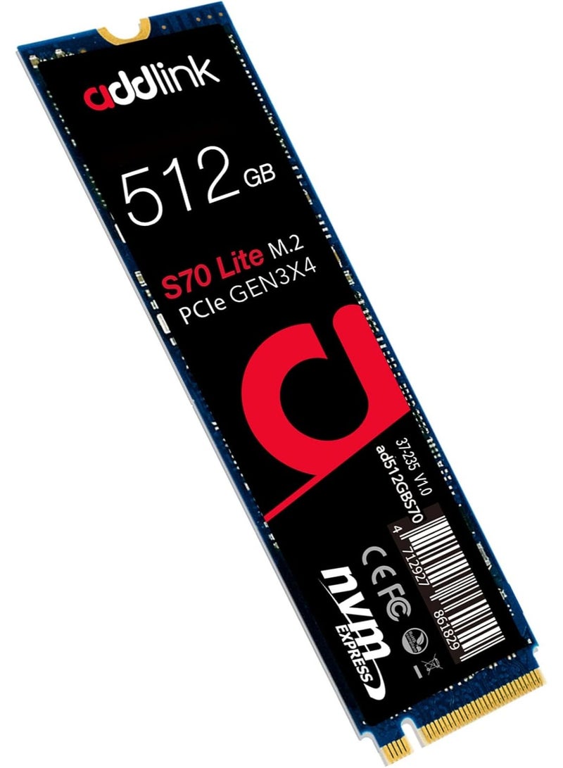 addlink S70 Lite 512GB Ultra Durability Gaming SSD Maximum Speed 3000 MB/s Internal Solid State Hard Drive M.2 2280 PCIe 3.0 NVMe Gen3X4 3D NAND SSD AD512GBS70LTM2P 512GB Gaming Gen3 S70 Lite 512 GB - Image 1