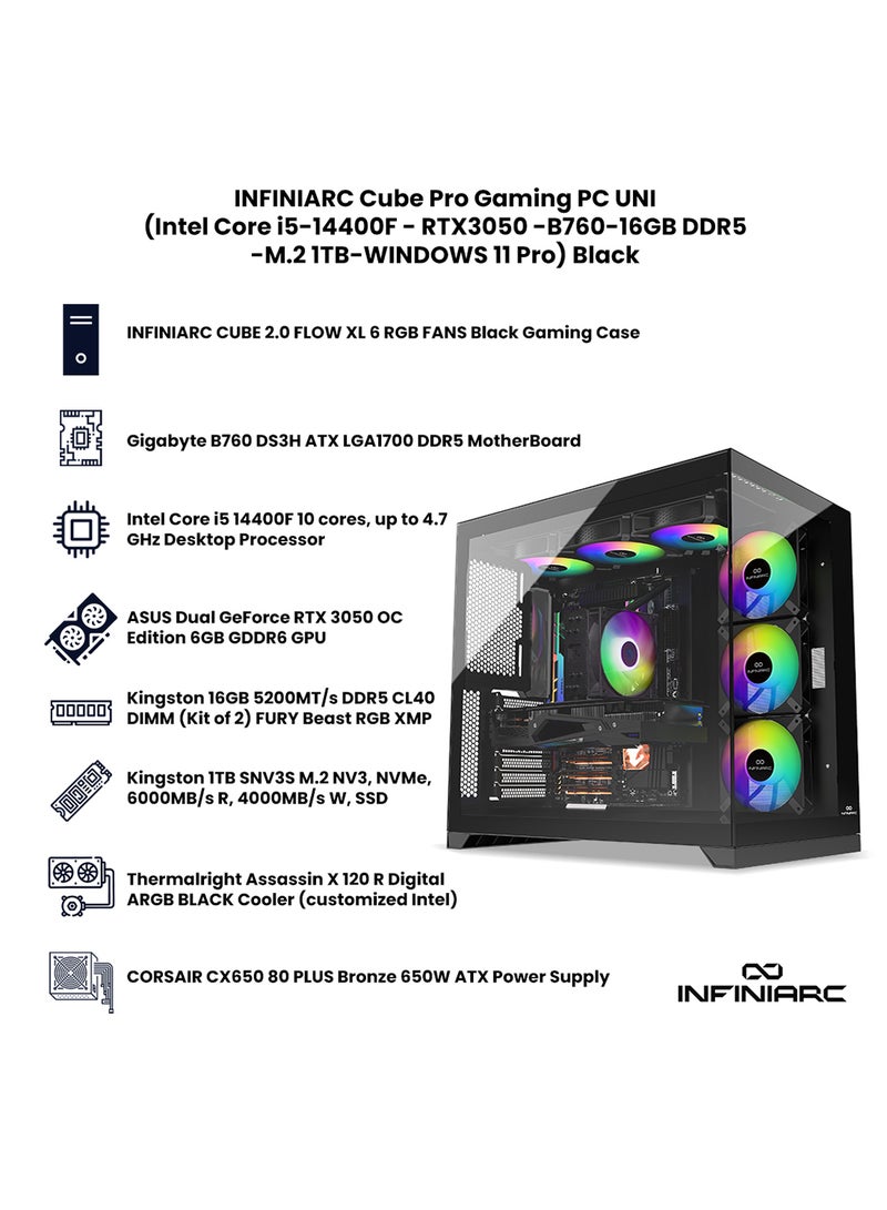 انفني ارك كمبيوتر الألعاب Cube Pro UNI بمعالج Intel Core i5-14400F / 16GB RAM DDR5 / M.2 1TB SSD / 6GB Nvidia GeForce RTX 3050 / B760 / Windows 11 Pro - Image 3