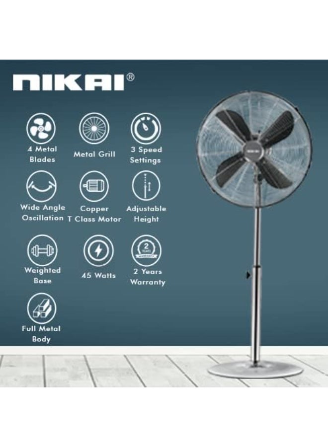 NIKAI 16-Inch Premium Stand Fan, 4 Blade High-Speed, Adjustable Height & Oscillation, Cooling Fan for Home And Office Use - 2 Year Warranty - 60 W NPF169CMX Silver - Image 2