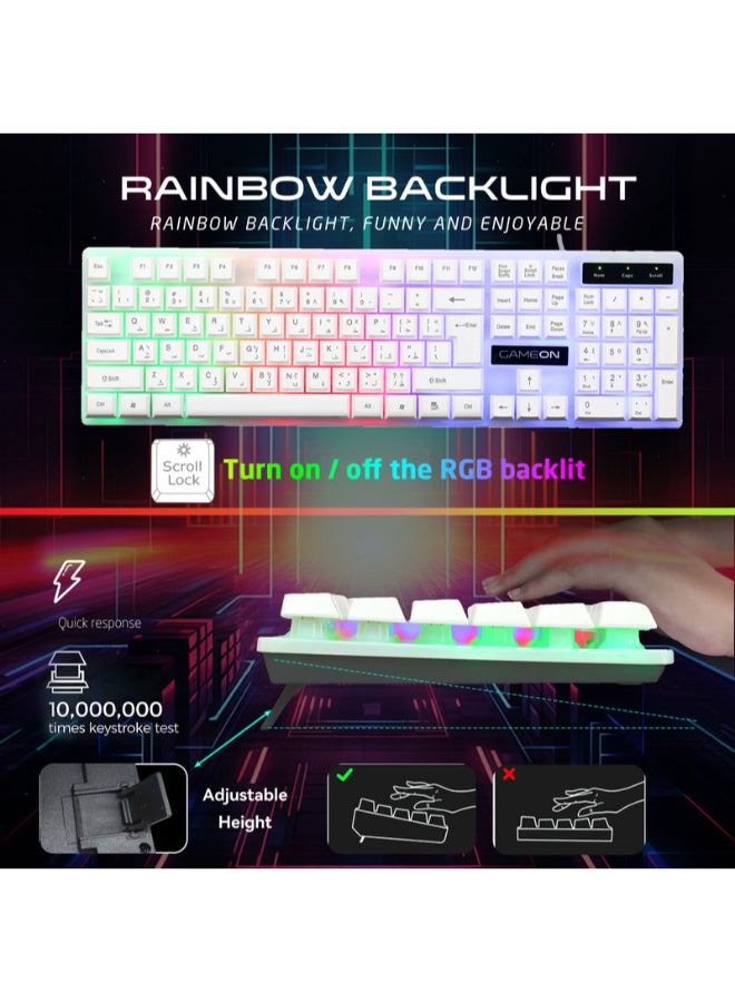 GAMEON DOMINION Series GO21KM-W Wired Keyboard & Mouse Combo, English/Arabic Full Size 104 Keys, Keyboard + 1600 DPI Mouse, Rainbow Backlight, USB Plug and Play for Windows, Mac and Android - Image 5