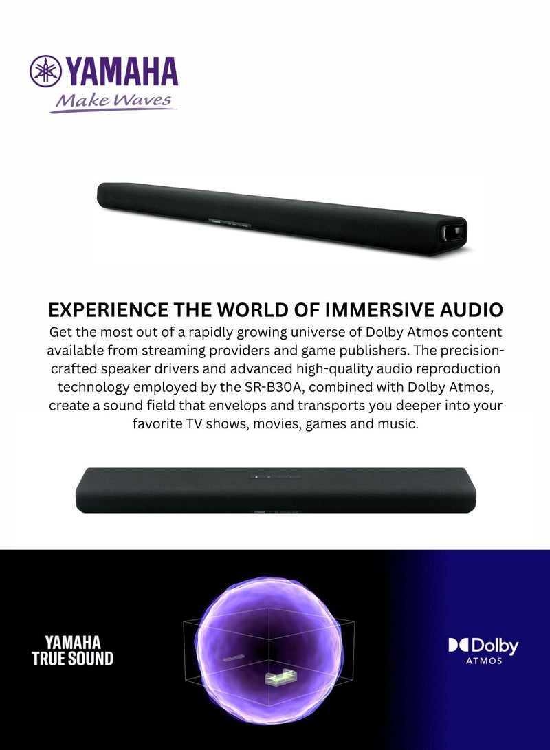 ياماها SR-B30A Soundbar – Dolby Atmos 3D Surround Sound, Built-in Woofer for Deep Bass, Multiple Sound Modes for Movies, Music & Gaming, Slim Elegant Design, Bluetooth Wireless Streaming SR-B30A Black - Image 5
