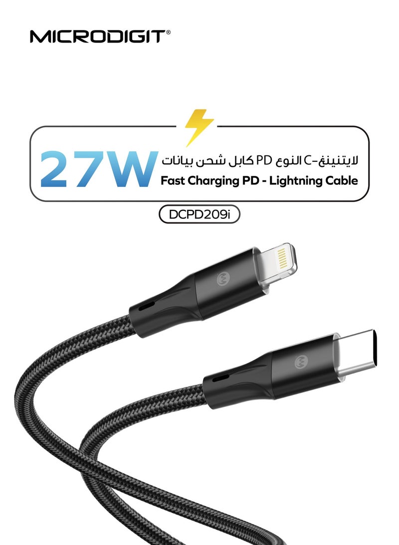 Microdigit PD Type C to Lightning 27W Fast Charging Cable, 3.1A ,1M, Nylon Copper Cable with Magnetic Winding black - Image 1