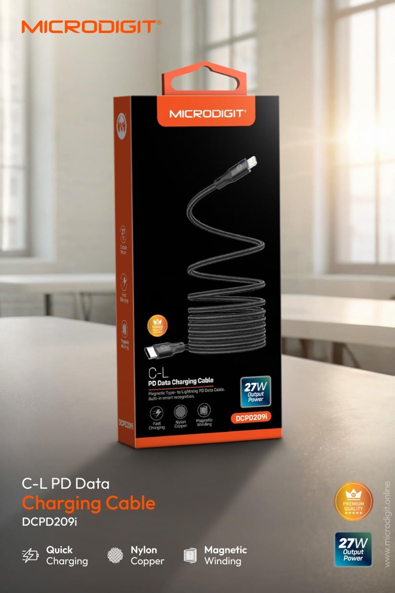 Microdigit PD Type C to Lightning 27W Fast Charging Cable, 3.1A ,1M, Nylon Copper Cable with Magnetic Winding black - Image 3
