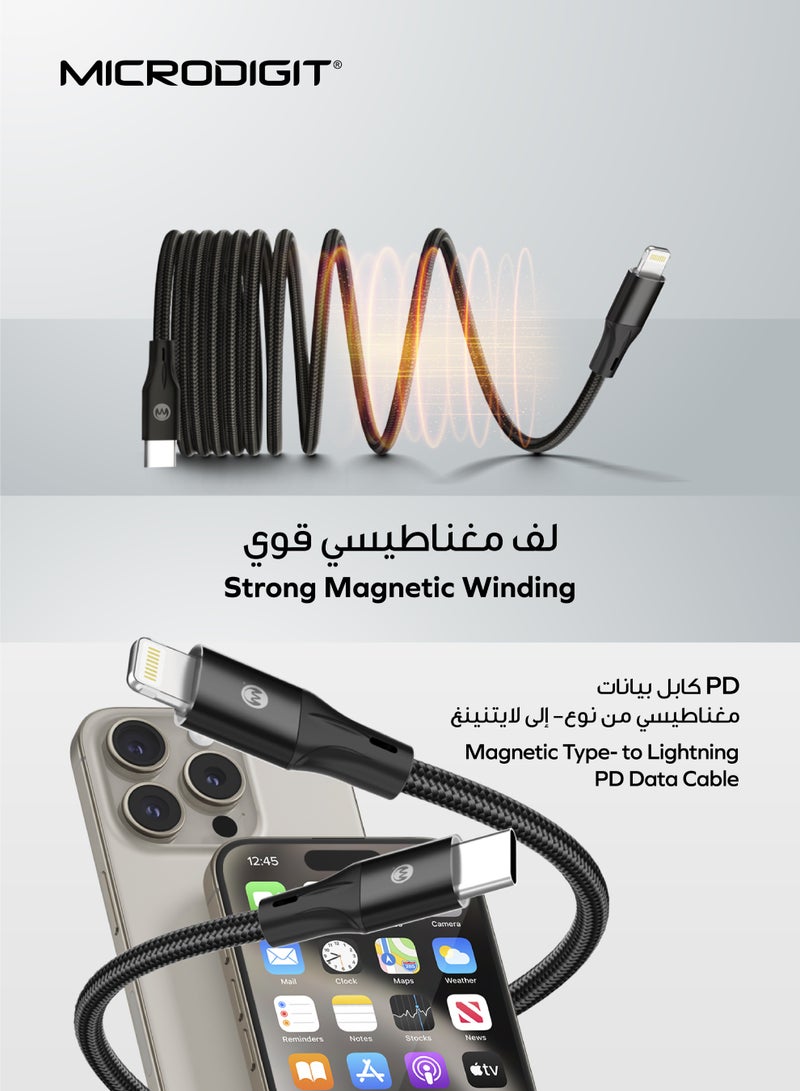 Microdigit PD Type C to Lightning 27W Fast Charging Cable, 3.1A ,1M, Nylon Copper Cable with Magnetic Winding black - Image 5
