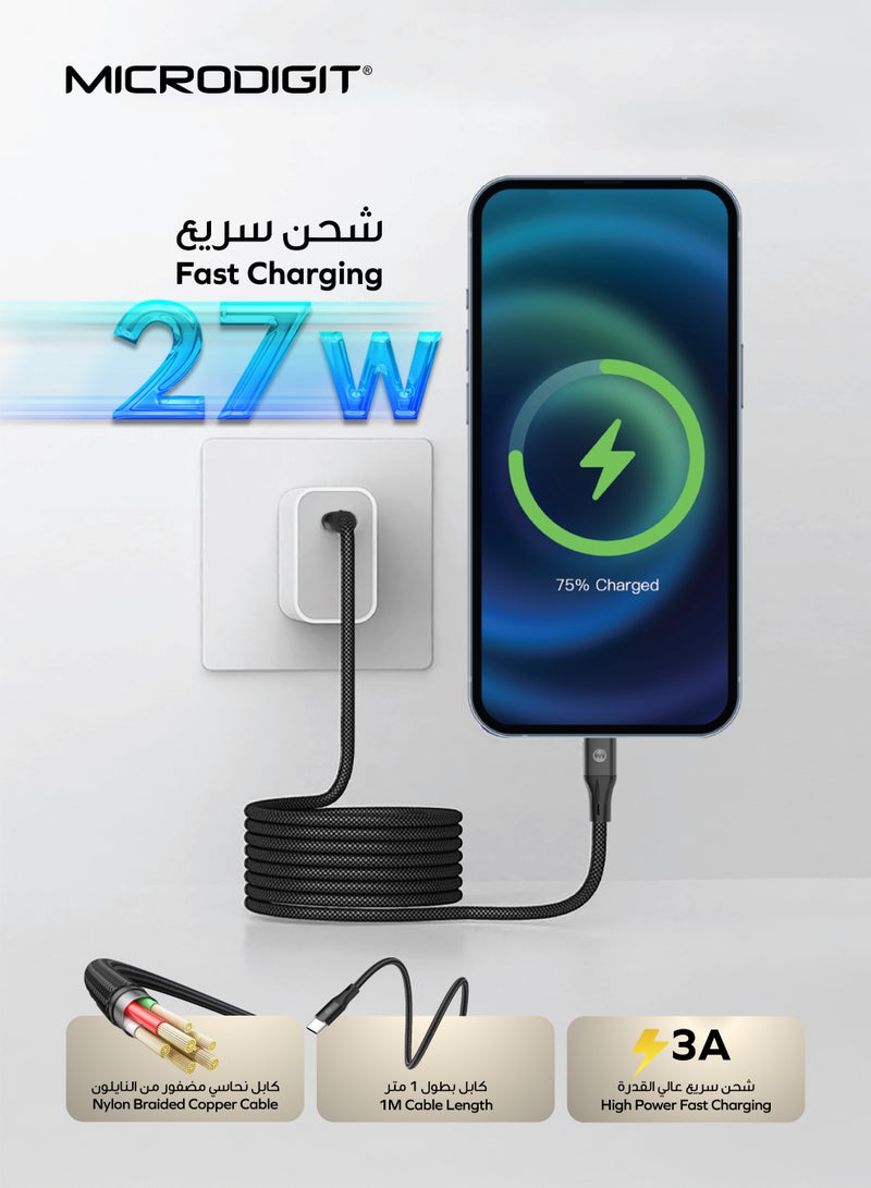 Microdigit PD Type C to Lightning 27W Fast Charging Cable, 3.1A ,1M, Nylon Copper Cable with Magnetic Winding black - Image 4